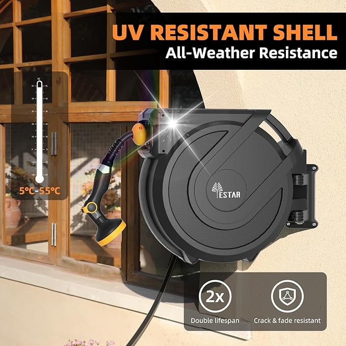 Retractable Garden Hose Reel 1/2 in x65 ft, Heavy Duty Wall Mounted Hose Reel with 10- Function Sprayer Nozzle, Any Length Lock/Automatic Slow Return System,180° Swivel Bracket