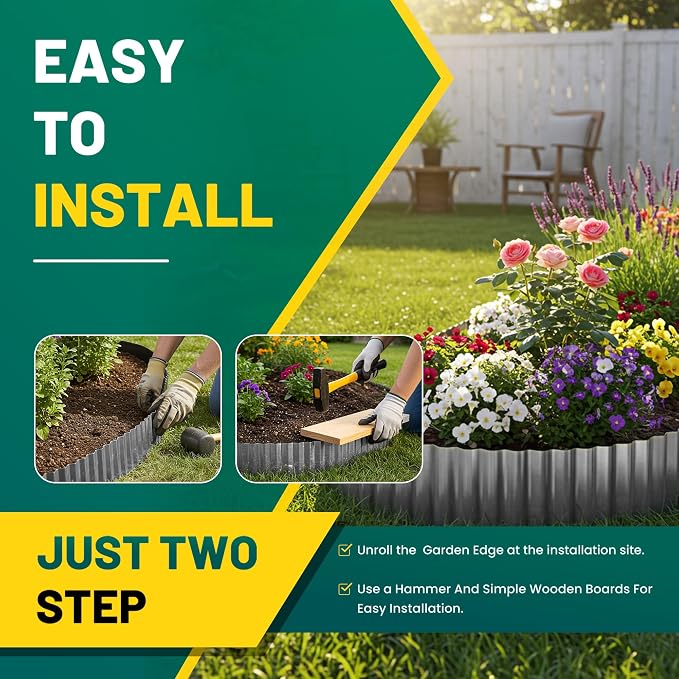 Corrugated Metal Garden Edging, 10"×20Ft Landscape Edging Border for Garden, Flower Bed, Lawn and Landscape Edging (Gun Silver)