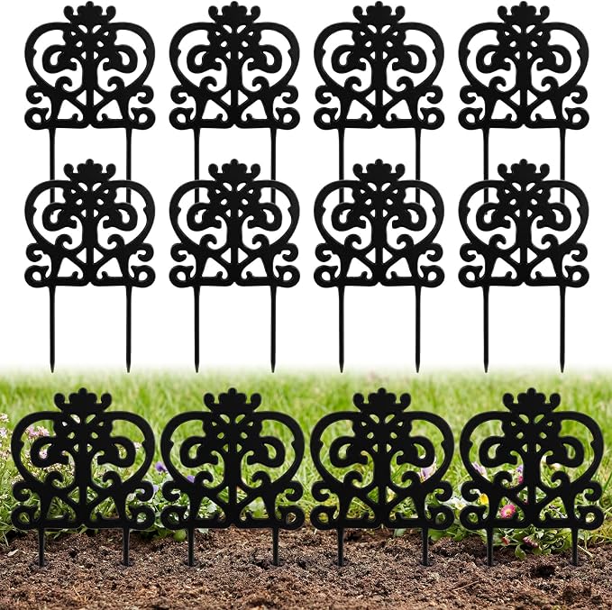 8 Pcs Iron Sheet Decorative Garden Border Edging, 11.4" x 7'' Small Metal Flower Bed Edging Landscape Border Mini Vintage Garden Fence for Outdoor Yard Patio Lawn (Rustic,Black)