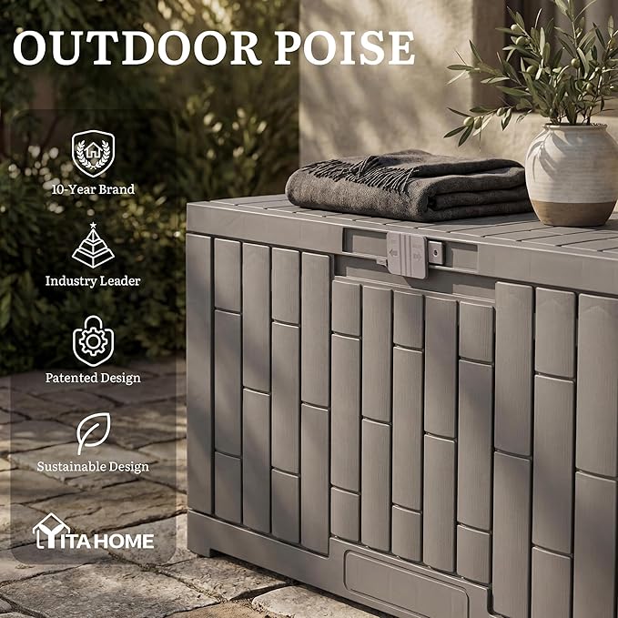 YITAHOME 60 Gallon Resin Deck Box, Weather Resistant Outdoor Rattan Storage Box with Slide-Locking Lid, Lockable Indoor Outdoor Storage for Supplies and Essentials, Taupe