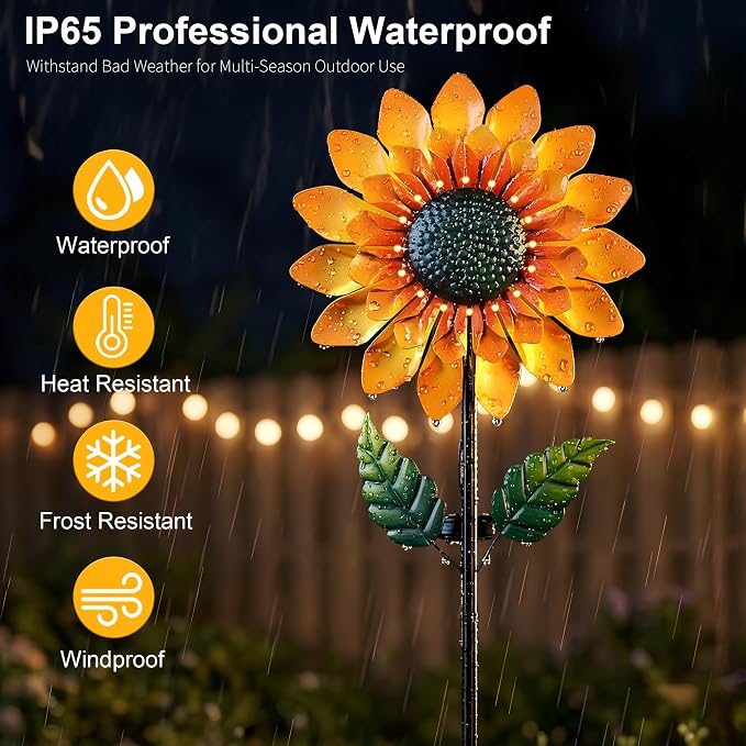 Sunflower Solar Wind Spinners for Yard and Garden - 52" Metal Windmill Ligths with LED Wind Sculptures with Stake for Lawn Patio Decor