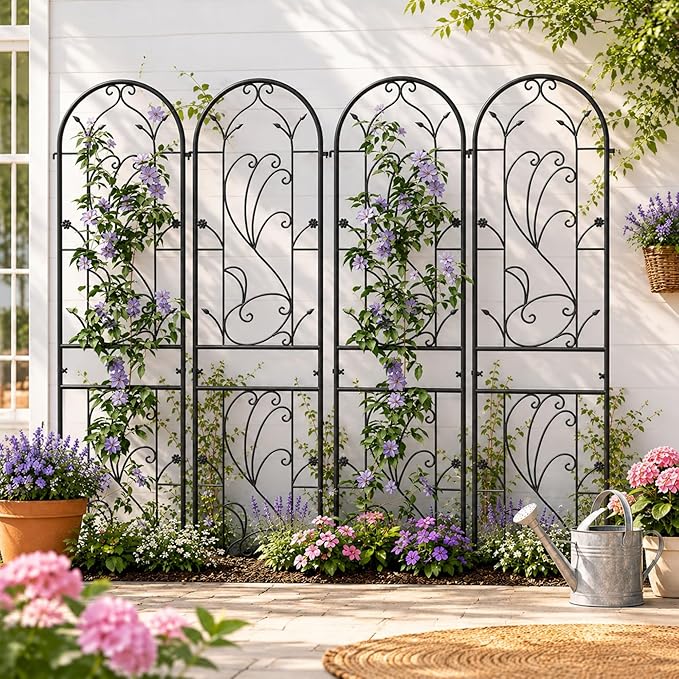 4 Pack 87x20in Garden Trellises, Sunflower Black Metal Coated Rustproof Trellis for Climbing Plants Outdoor, Roses, Vegetables, Vines, Cucumbers