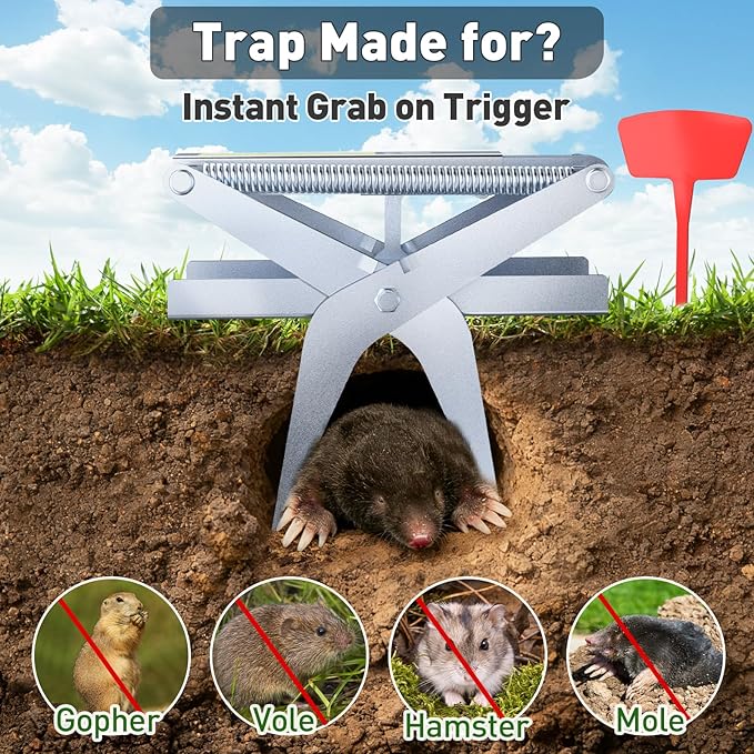 Mole Traps, 2 Pack Scissor Mole Trap with Rust-Proof Steel & High-Resilience Spring, Reusable Outdoor Mole Killer for Lawn, Garden & Farm, One-Step Setup, Quick Capture Gopher & Vole Trap