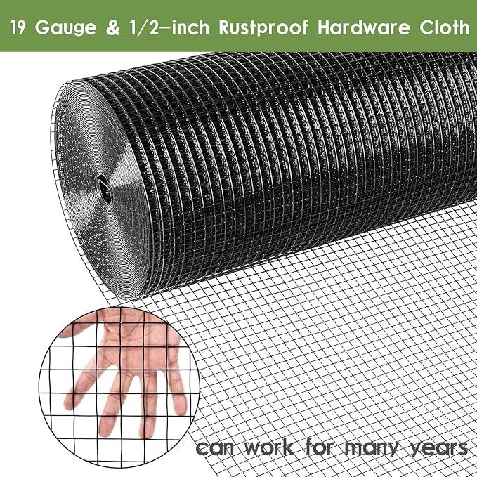 Tongmo Black Hardware Cloth, 1/2 inch 60'' x 100'Chicken Wire Fence, 19 Gauge Vinyl Coated Welded Cage Wire Mesh Roll Supports Poultry Netting Cage Garden Fence