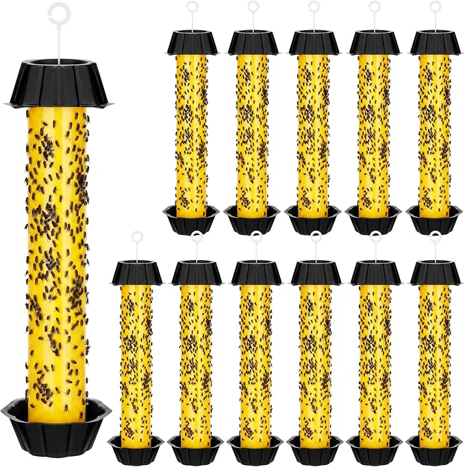 Qualirey 12 Pcs Sticky Fly Trap Fly Stick Indoor Outdoor Long Lasting Hanging Flies Bug Catcher Paper Tape Strips with Hook for Wasps Gnats Bug Insects Fruit Flies Mosquitoes (Stylish-3,Yellow)