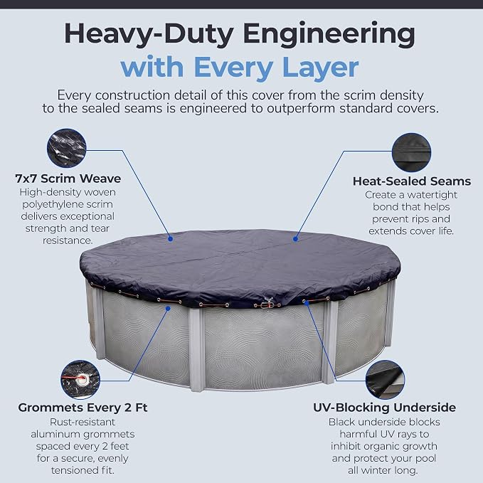 Blue Wave 8-Year 24-ft Round Above Ground Pool Winter Cover | Solid polyethylene, heat-sealed seams, underside, cable, winch, grommets, 4-ft overlap, 8-yr support, blocks debris & snow