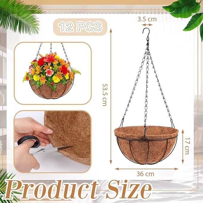 Dandat 12 Pack Hanging Planter Basket Outdoor Large Hanging Flower Pots Indoor 14 inch with Coco Coir Liner Round Wire Plant Holder Chain Basket Garden for Home Decor Balcony Office