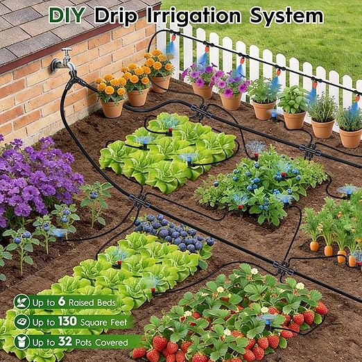 Quick-Connect Drip Irrigation System, 2026-Upgrade Garden Irrigation Kit with 2/5" & 1/4" Tubing, Adjustable Nozzles & Sprinklers, Automatic Watering System for Garden, Lawn, Greenhouse