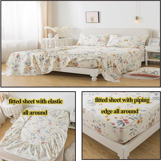 FADFAY Floral Sheets Set Twin XL Vintage Pink Floral Bedding Shabby Beige Botanical Sheets College Dorm Bedding 800 Thread Count Soft 100% Egyptian Cotton Deep Pocket Fitted Sheet 4Pcs, Twin XL Size