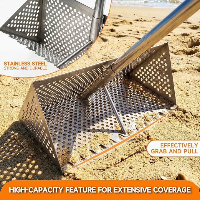 Sand Flea Rake with Beach Mesh Shovel, Detachable Long Handle Sand Sifter for Beach, The Shark Tooth Screen Comes with 16in Width Drain Screen with 52in Handle