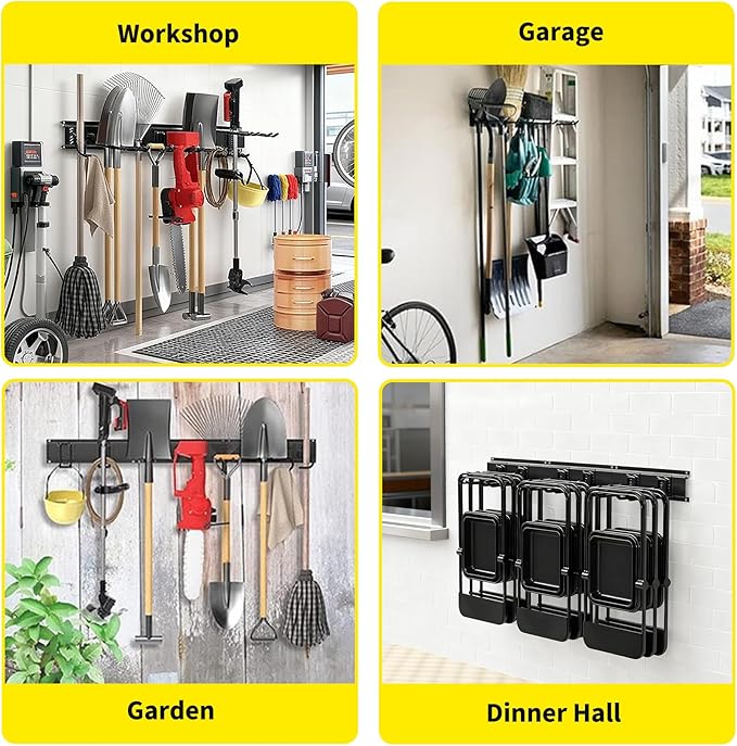 Garvee 64 Inch Garage Tool Organizer Wall Mount, Heavy Duty Garden Tool Storage Organization with 12 Adjustable Hooks, 16 Pack Yard shed Tool Organizer System for Shovel Rake Broom Ladders