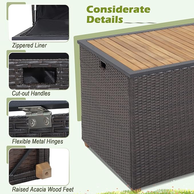 Tangkula 134 Gallon Outdoor Storage Box, Wicker Patio Deck Box with Solid Acacia Wood and Waterproof Zippered Liner, Outdoor Storage Container for Cushions, and Garden Tools (Mix Brown)