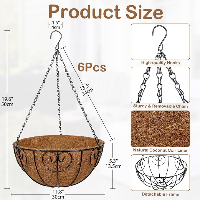 12 inch Metal Hanging Baskets for Plants Outdoor, 6 Pack Metal Wire Hanging Basket Planter with Coco Liner Flower Pots for Indoor Outdoor Garden Porch Patio, Heart-Shaped