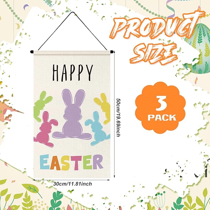 Tegeme 3 Pcs Happy Easter Door Sign Flag Welcome Easter Door Banner Bunny Wall Hanging Ornaments Flag for Party Holiday Outdoor Indoor Home Decoration