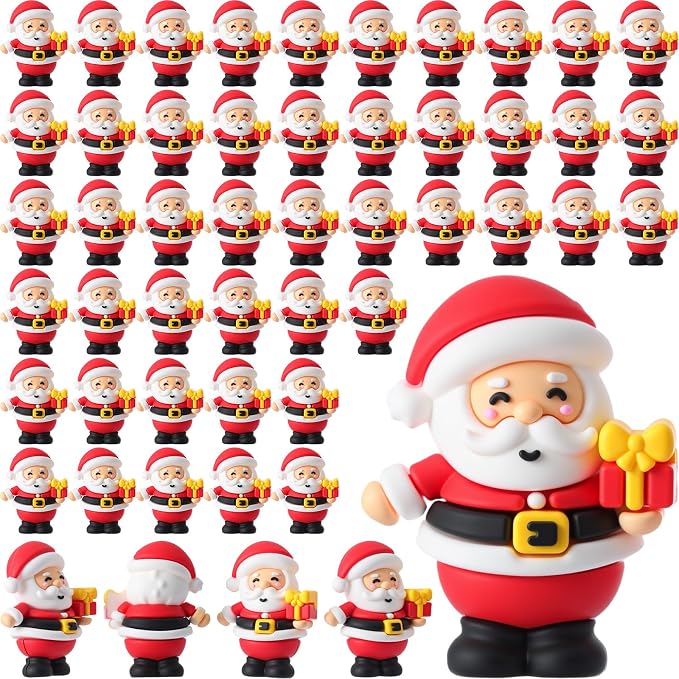 Chunful 50 Pcs Christmas in July Mini Santa Figurines Holding a Gift Tiny Santa Rubber Figure to Hide and Seek Small Statue Xmas Party Supplies Gifts for Xmas Fairy Garden Home Table Decor (Gift Box)