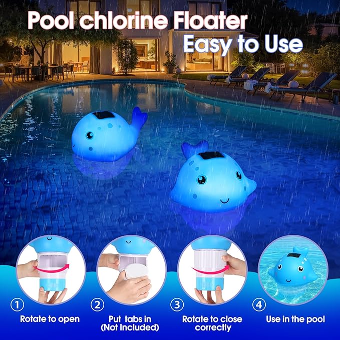 Blufree Pool Chlorine Floater, Solar Chlorine Tablet Floater w/Adjustable Release, Glow in The Dark Large Capacity Whale Floating Chlorines Dispenser for Pool Hot Tub Spa Fits 3 Inch Tabs