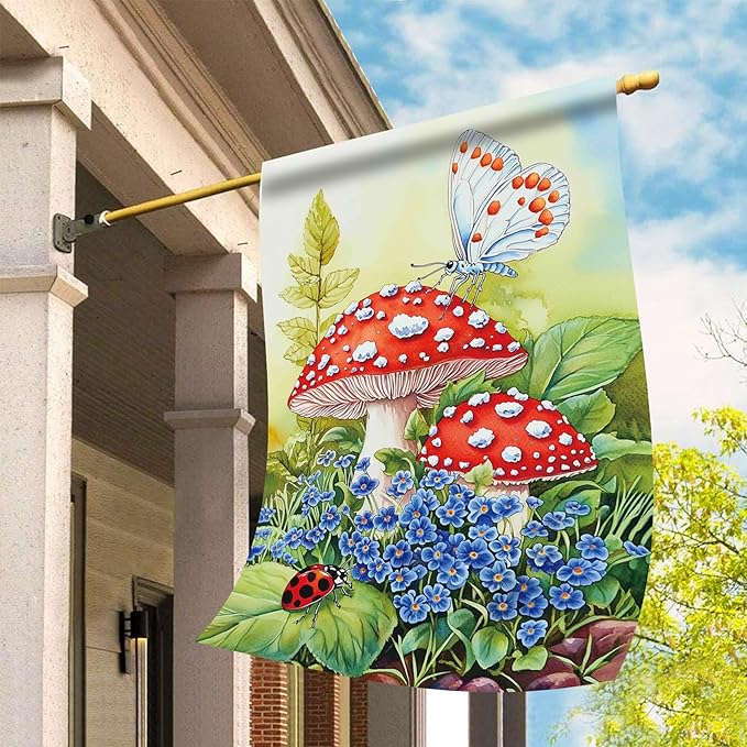 Morigins Welcome Mushroom Spring Garden Flag Double Sided Butterflies and Flower Farmhouse Spring Summer Seasonal Yard Decoration House Flag 28×40 inch