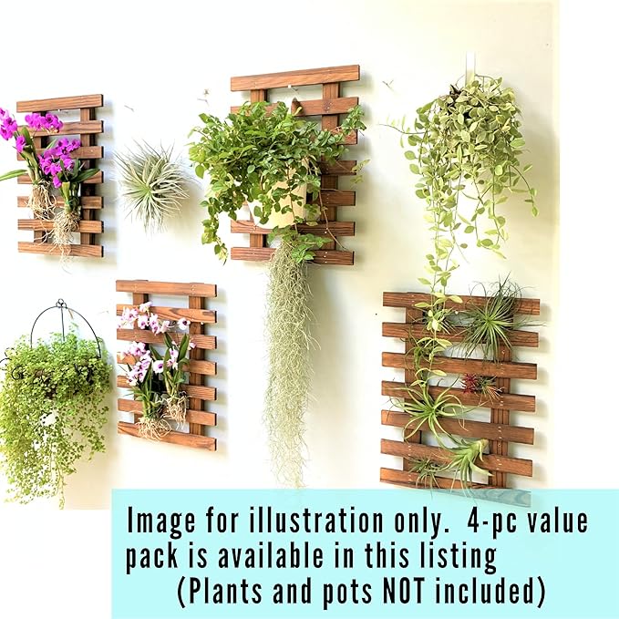 ShopLaLa Bundle - 4 Inch White Self Watering Pots x 10 Packs + Wooden Plant Holders, Indoor Vertical Wall Garden, Living Plant Wall Herb Garden Vertical System, Wall Mount Hydroponic Wall Pots