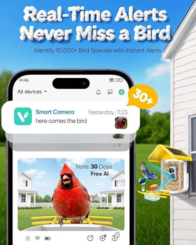 Bird Feeder with Camera Solar Powered - Smart Bird Feeder Camera 2K HD Live Stream, 5MP Photos, AI Identification for Backyard, 2.4Lb Large Capacity, Gifts for Mom Dad, Yellow White