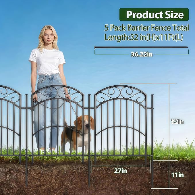 5 Panels 32in(H) Decorative Garden Fence, Total 11ft L Heavy Duty Iron Metal No Dig Animal Barrier Fence, Garden Border Fencing, Temporary Dog Fencing Outdoor for Yard
