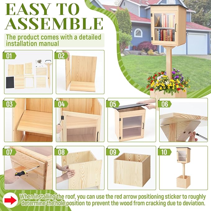 Wonderjune Wooden Little Library Box Outdoor, Weatherproof Double Solid Wood Book Exchange Box with Floor Plugs and Small Flower Fence for Neighborhoods, Community, Literature, School(Natural Wood)