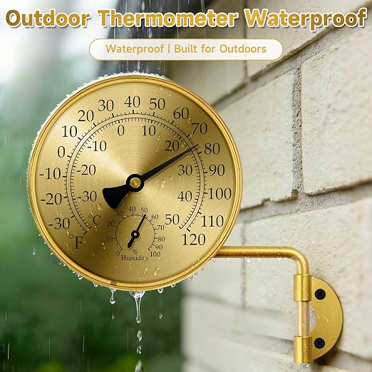 4 Inch Analog Outdoor Thermometer Hygrometer, Brass Mechanical Weather Station with Rotatable Wall Mount, Waterproof Large Dial Easy-Read Numbers for Patio Garden Greenhouse Home Outside