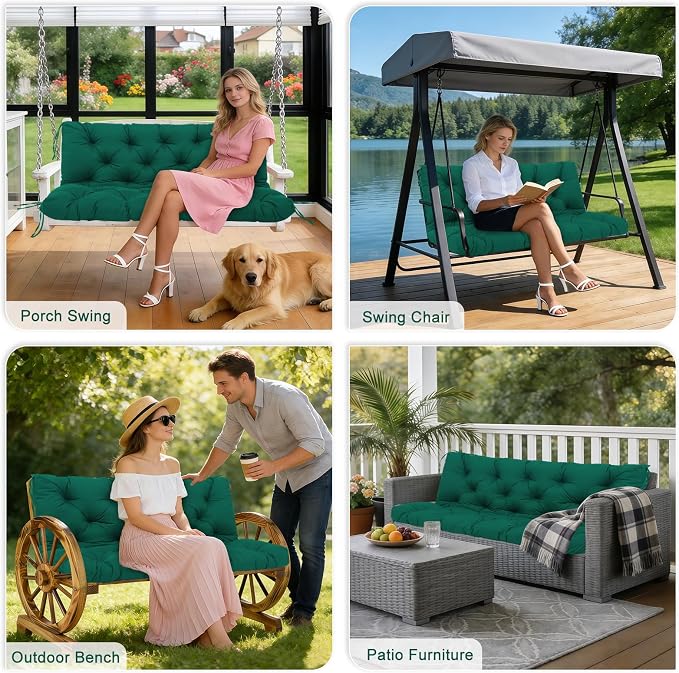 Porch Swing Cushions Outdoor 40 inch x 40 Waterproof Swing Cushions 3 Seater Replacement with Backrest & 8 Ties 5" Thick Bench Swing Cushions for Outdoor Furniture Patio(Dark Green)
