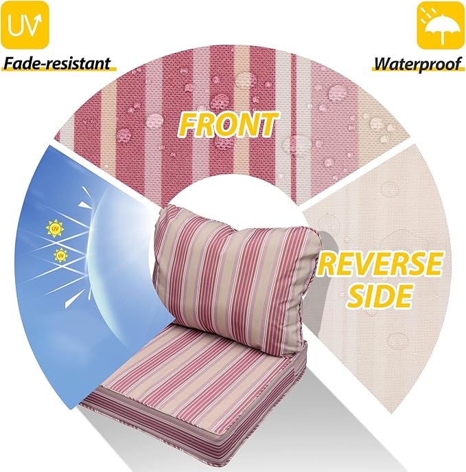 AAAAAcessories Outdoor Seat Cushions for Chairs, Fade-Resistant, Waterproof Patio Furniture Replacement Cushions, 25.5" x 25.5" x 5" + 25.5" x 19", Dusty Rose Garden Stripe