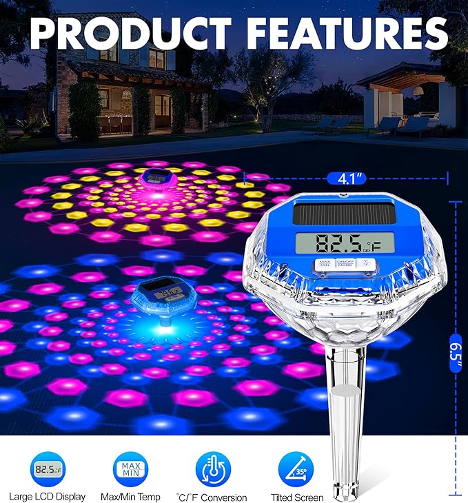Sinbyuer 2026 Upgrade Digital Solar Pool Thermometer Easy Read | Pool Temperature Thermometer Floating with Dynamic Light Show | Large LCD Screen & Big Number Pools Temperature Gauge for Hot Tub & Spa