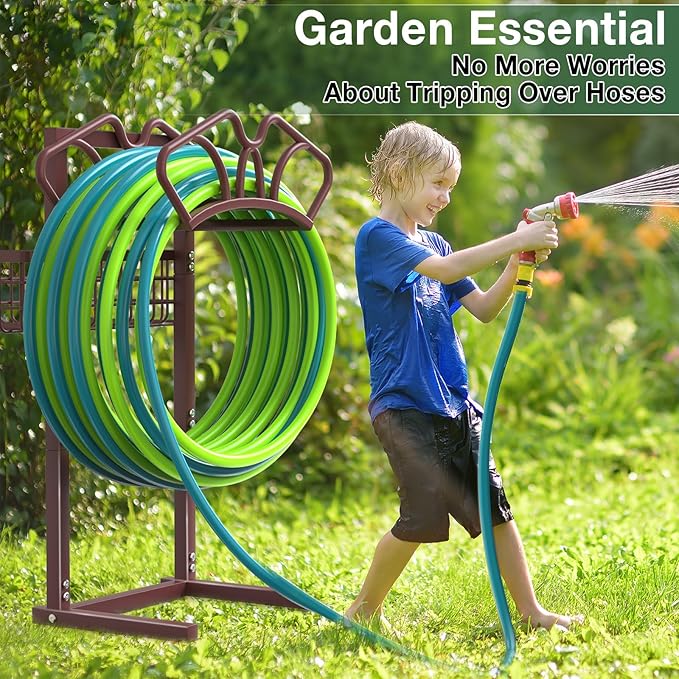Qatsrin Upgraded Garden Hose Holder with Large Basket, Heavy Duty Water Hose Holder Supports 160-ft Hoses, Freestanding Detachable Hose Stand Storage Reel Hanger Rack for Yard Lawn Farm, Bronze