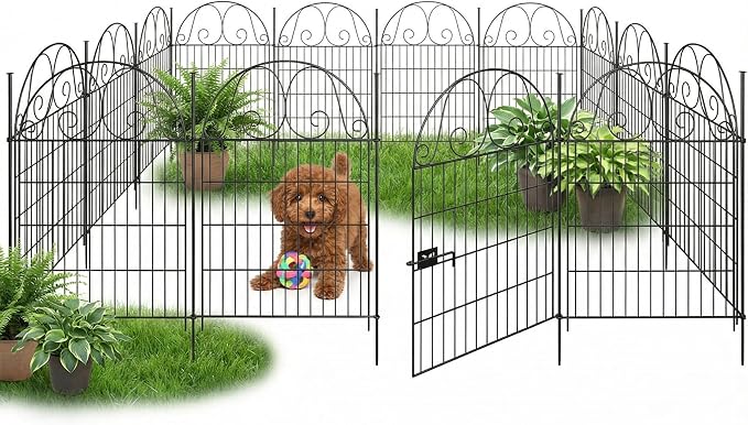 14 Pannels Garden Fence Animal Barrier,Decorative Garden Fence with Gate, No Dig Fencing for Yard,36in(H),Total Length 30.6Ft,Arched Metal Fence Panels,Rustproof Black