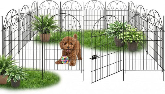14 Pannels Garden Fence Animal Barrier,Decorative Garden Fence with Gate, No Dig Fencing for Yard,36in(H),Total Length 30.6Ft,Arched Metal Fence Panels,Rustproof Black