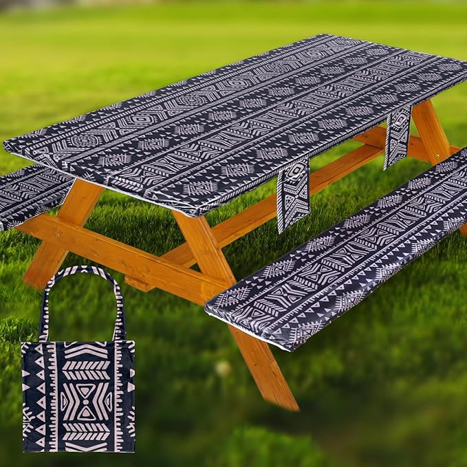 Picnic Table Cover with Bench Covers Vinyl Elastic Edges Fitted Rectangle Seat Tables Waterproof 3-Piece72X30in Set Outdoor Rectangular Folding Backing Tablecloth for Camping Over Size