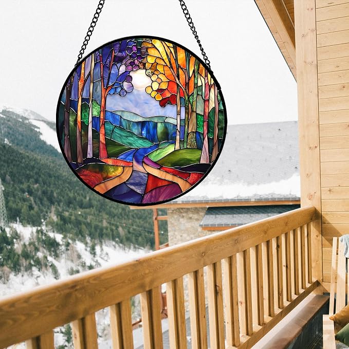 DASTOLL Stained Glass Window Hanging, Colorful Forest Landscape Tree Suncatcher for Doors Window Home Abstract Sun Catchers Decoration Mother's Day Birthday Gifts for Women, Men, and Mom 11.8 in