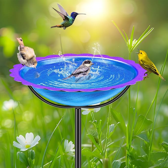 Metal Bird Bath for Outside, Garden Birdbath Bowl Freestanding Bird Feeders for Outdoors with 4 Prongs Base Stake, Standing Birdfeeders for Yard Lawn Decor (Blue Purple)