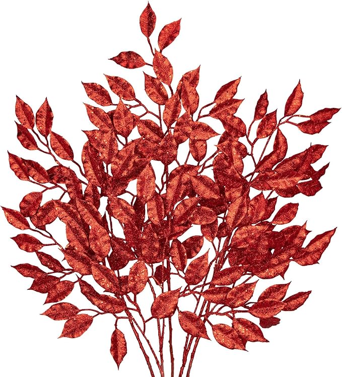 25.6" Christmas Red Glitter Leaves Stems, 5Pcs Artificial Leaf Spray Leaf Picks Tall for Christmas Tree DIY Xmas Wreath Garland Arrangment Vase Bouquets Table Centerpieces Decoration Home Decor