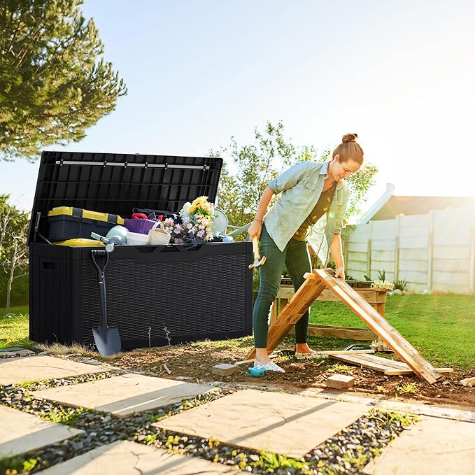 Greesum 100 & 31 Gallon Black Resin Lockable Deck Boxes for Outdoor Storage