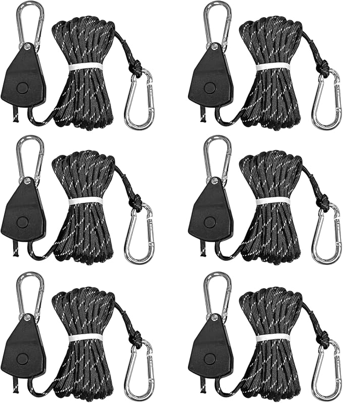 6-Pack Long 14ft Retractable Rope Paracord Ratchetable Strap,Heavy Duty Adjustable Pulley Tie Down for Kayak Storage,Outdoor Plant Hanging,Tent Tie Downs,Cargo Securing with Carabiner Hooks（Black）