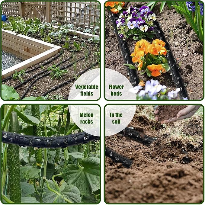 Flat Soaker Hose 100FT, Garden Hose with Heavy Duty Double Layer Design, Drip Irrigation Hose Saves 80% Water, Leak Proof Sprinkler Hose for Garden, Lawn, Vegetable plot
