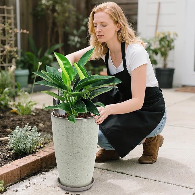 Neoaider Set of 2 Lightweight Ceramic-Look Tall Planter, 21 inch Large Plastic Planter with Drain Hole & Saucers, Large Outdoor Planters for Porch, Garden, Patio, Balcony(Drip Glaze)