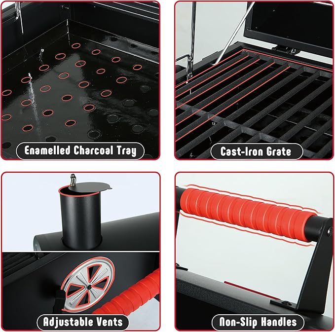 Feasto Portable Tabletop Charcoal Grill, 354 sq.in Cooking Area | with Cast Iron Grates & Temp Gauge, Small BBQ Grill for Camping, Picnic, RV, Outdoor Patio, Grey
