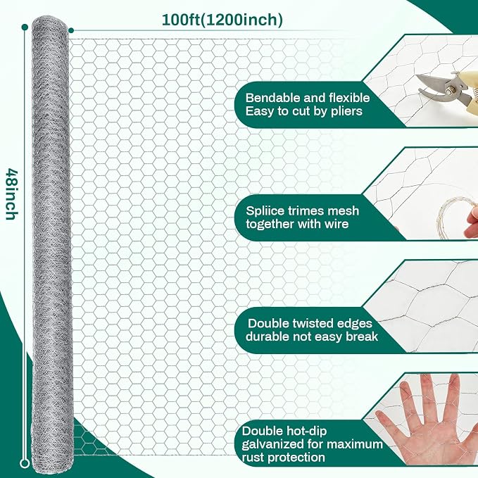 GlikCeil, 48 in x 100 ft Chicken Wire Fencing Metal Floral Chicken Wire Mesh for Crafts Poultry Garden, 1 Inch Hexagonal Galvanized Hardware Cloth Netting for Poultry Coop Barrier Rabbit Cage (Silver)