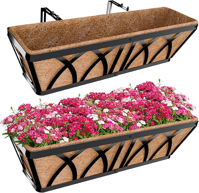 Halatool 24 Inch Heavy-Duty Metal Deck Railing Planter Box, 2 Pack Rust-Resistant Rectangular Window Boxes Planters with Coco Liner & Adjustable Brackets, Grow More On Your Balcony, Patio & Fence