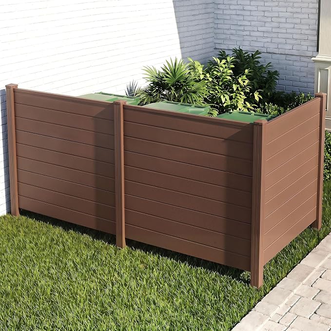 HAPPYGRILL Air Conditioner Fence, 3 Panels Outdoor Privacy Screen with Metal Stakes, No Dig Pool Equipment Enclosure, 48" x 38" Trash Can Screen Fence Kit for Outside Backyard, Brown