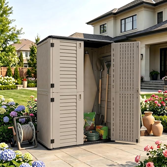Outdoor Storage Shed 66 cu.ft, Waterproof Resin Vertical Cabinet Double-Layer for Patio Furniture, Garden Tools, Lawn Mower, Pool Accessories, UV Resistant for Yard Balcony – Shelves Not Included
