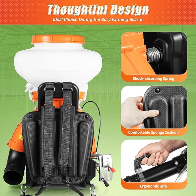 Backpack Fogger Sprayer, 3WF-3 41.5CC 2-Stroke Motor w/3.7Gal Tank | for Fleas Ticks Critters Control Lawn Gardening & Farming 7500r/min 2.13KW Gas Powered Manual Start shock-absorbing spring