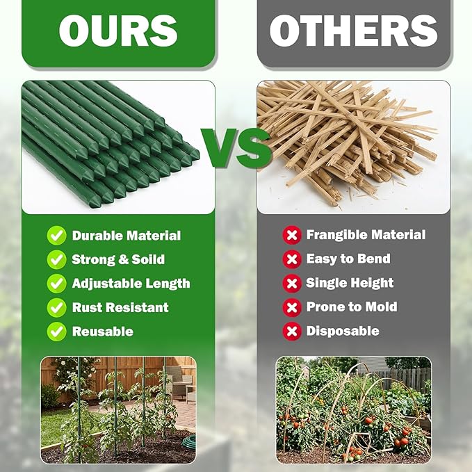 Garden Stakes 40 Pack, 16 Inch Plastic Coated Metal Tomato Stakes, DIY 4ft 5ft 6ft 7ft Plant Support Stakes with 28 Connectors 28 Rotatable Clips 28 Plant Clips for Indoor Outdoor Vegetables