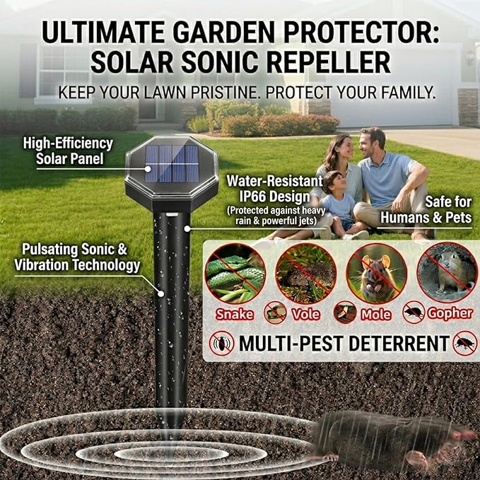 8 Pack Mole Repellent Solar Powered,Vole Repellent Outdoor for Yard,Waterproof Ultrasonic Gopher Deterrent Stakes for Mole,Vole,Chipmunk,Groundhog,Armadillo Repeller for Garden Lawns (Black)