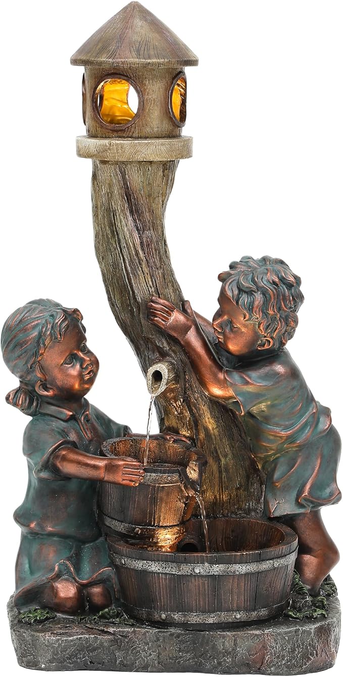 AUTODAYA 31" Boy & Girl Outdoor Water Fountain with LED Lights, Pagoda and Wood Barrel Garden Fountain, 3-Tier Cascading Waterfall for Tranquil Backyard, Patio or Porch, Faux Bronze Finish