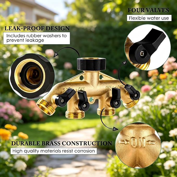 Dalmbox Garden Hose Splitter 4 Way, Water Hose Splitter, 3/4" Heavy-Duty Brass Garden Hose Splitter, Includes 9 Rubber Washers & Teflon Tape(2 pack)